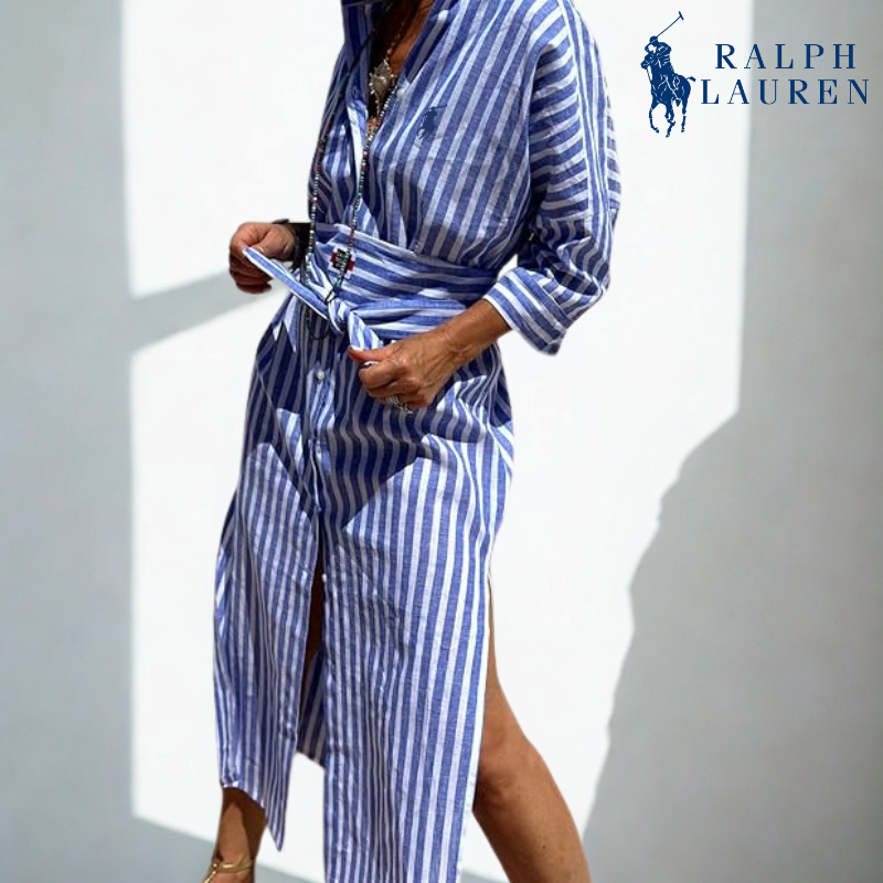 ᏒᎪᏞᏢᎻ ᏞᎪՍᏒЕΝ - Robe chemise rayée avec ceinture à nouer