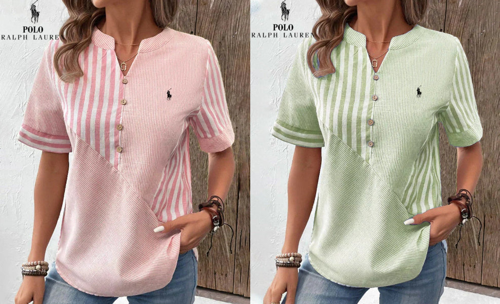 RALPH LAUREN - Chemise en coton et lin à rayures asymétriques et col en V