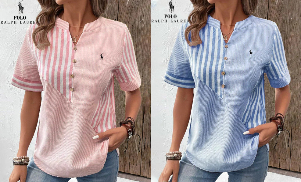 RALPH LAUREN - Chemise en coton et lin à rayures asymétriques et col en V
