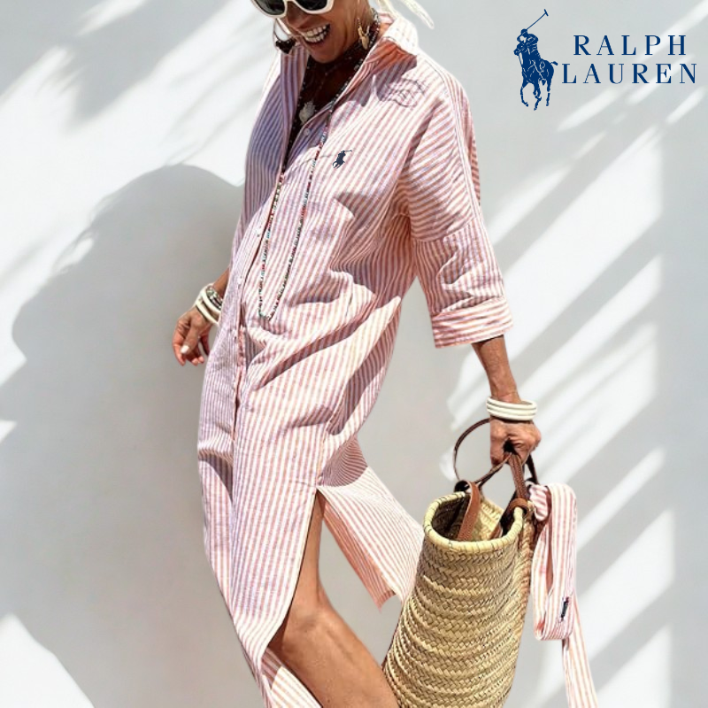 ᏒᎪᏞᏢᎻ ᏞᎪՍᏒЕΝ - Robe chemise rayée avec ceinture à nouer